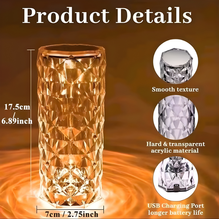 USB Crystal Diamond Rose Table Lamp – Touch Dimming Night Light